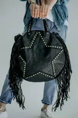 Женская сумка из натуральной вареной кожи с бахромой и заклепками цвет Black