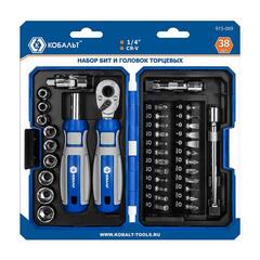 Набор бит и головок с трещоткой КОБАЛЬТ 38 пр.,CR-V (24 биты, 9 головок, трещотка, отв. рук., 2 удл., шарнир) (915-069)