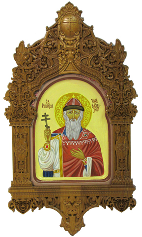 Рукописная икона Святой равноапостольный князь Владимир на кипарисе 20х15см в резном киоте