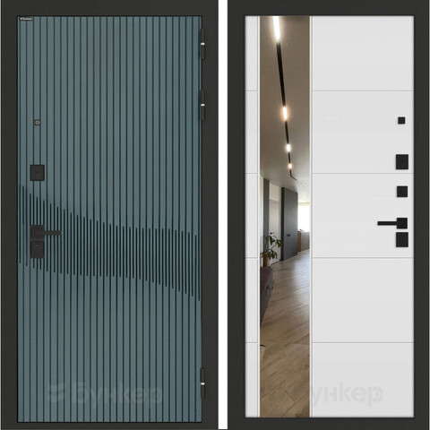 Входная металлическая дверь с зеркалом Бункер B-13 Веллюто верде / зеркало Макси ФЛЗ - 649 Белый софт