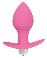 Розовая коническая анальная вибровтулка с ограничителем - 8 см. - 