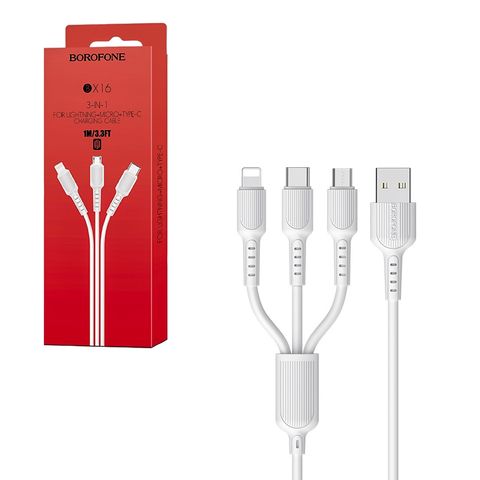Кабель Borofone 3 в 1 USB - Lighting/Type-C/Micro USB, 1м, белый