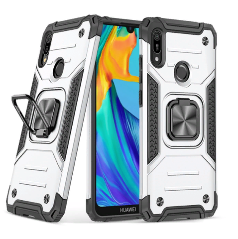 Противоударный чехол Strong Armour Case с кольцом для Huawei Y6 2019 / Y6 Pro 2019 / Y6 Prime 2019 (Серебро)