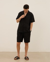 Рубашка мужская, с коротким рукавом, из 100% льна, черная