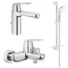 Grohe 1000179 Набор для душа Eurosmart Cosmo: Смеситель для рак (23325000), смеситель для ванны (32831000), Tempesta 100 II с полкой (27926001), хром фото