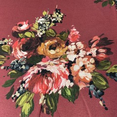 Ткань  трикотаж джерси  цветы на бордовом 3183