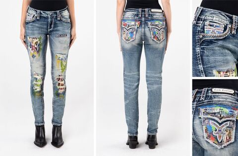 Rock Revival | Джинсы женские HARLOW MS201 MID RISE SKINNY EXHIBITION 30&quot; RP2959MS201S перед и сзади, детали