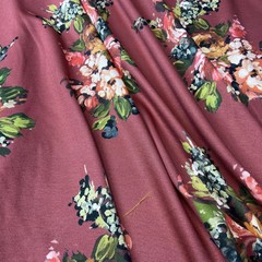 Ткань  трикотаж джерси  цветы на бордовом 3183
