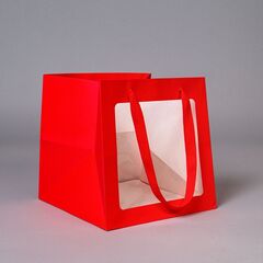 Пакет подарочный M, Куб с окном, Красный, 25*25*25 см (Д*В*Ш)