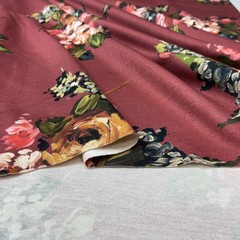 Ткань  трикотаж джерси  цветы на бордовом 3183