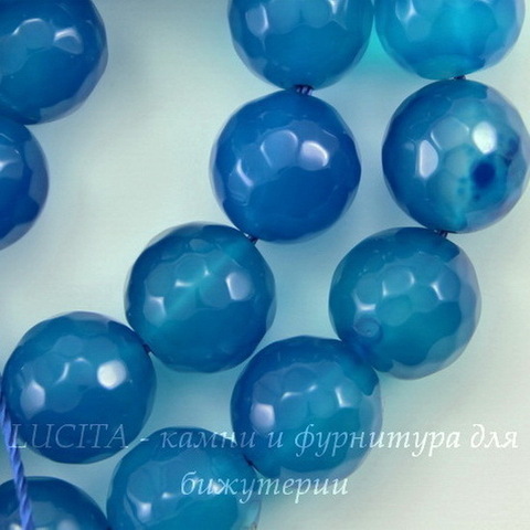 Бусина Агат (тониров), шарик с огранкой, цвет - синий, 10 мм, нить
