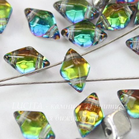 Бусина DiamonDuo Ромб с 2 отверстиями, 8х5 мм, желто-зелено-фиолетовый микс