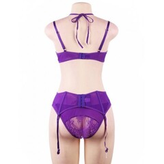 Комплект белья лиловый: бра, стринги и пояс с ремешками (размер M-L)