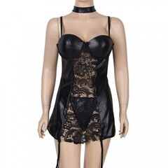 Платье кожаное с пажиками для чулок Ohyeah с кружевом +стринги, 3XL-4XL