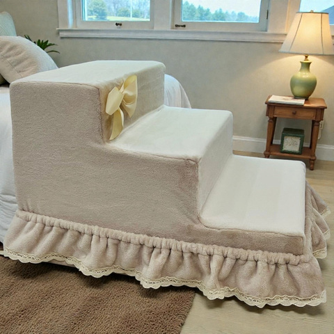 2043 - Лестница для собак с рюшей (светло-бежевая)