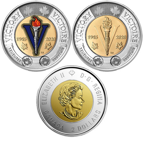 Набор из 2 монет 2 доллара 2020. 75 лет окончания Второй мировой войны (цветная+простая)