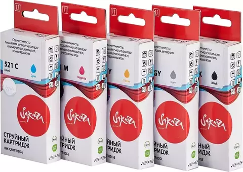 Набор струйных картриджей Sakura SI29BAB004 (521BK/521С/521M/521Y/521GY) для Canon PIXMA MP540/550/560,  MP620/630/640,  MP980/990, MX860/870, iP3600/4600/4700, водорастворимый тип чернил, 5 шт в наборе.
