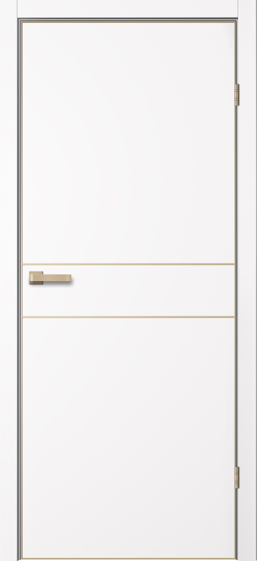 Дверь межкомнатная белая Сибирь Профиль Тринити TR-03 (алюминиевая кромка с 4х сторон шампань + встроенный магнитный замок), цвет арктик, эмалит, глухая