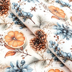 Упаковочная бумага глянцевая, Новогодний апельсин и шишки, Белый, 0,7*1 м, 5 листов