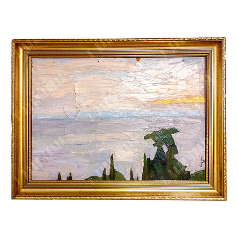 Динес Ю. С. Морской пейзаж в сиреневых тонах. Крым. Этюд. Картон, масло. 1958