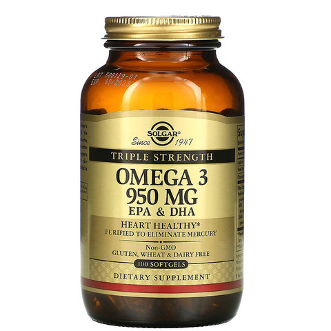 Solgar, Омега-3 ЭПК и докозагексановая кислота, Тройная сила, 950 мг, 100 капсул