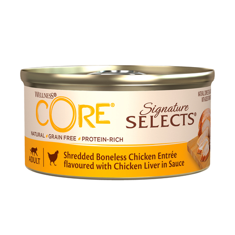CORE SIGNATURE SELECTS консервы для кошек (курцица с куриной печенью) фарш в соусе 79 г