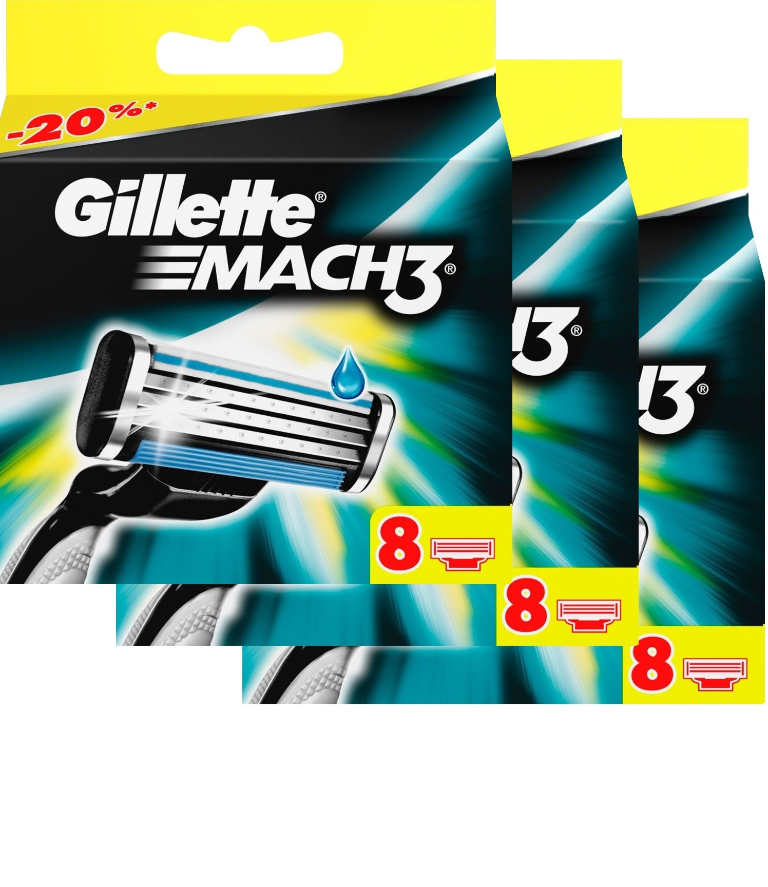 Сменные кассеты для бритья Gillette MACH3 комплект 3 по 8 (24 шт). Цена с учетом скидки 6%.