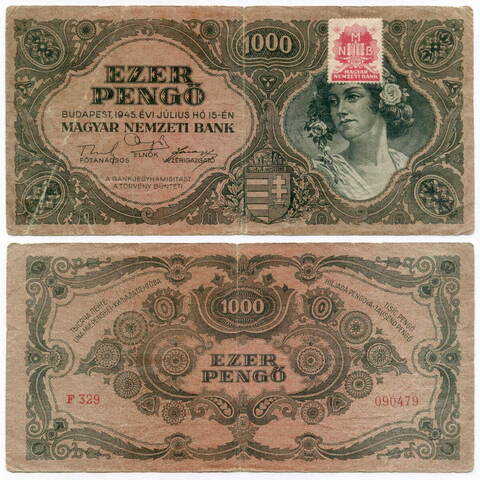 Банкнота Венгрия 1000 пенго 1945 год F 329 090479. VG-F (с маркой подтверждения)