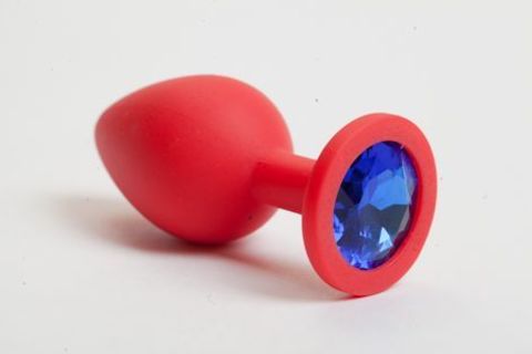 Красная силиконовая анальная пробка с синим стразом - 8,2 см. - 4sexdreaM 47094