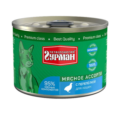 Мясное ассорти ИЗ ПЕРЕПЁЛКИ для кошек 190 г влажный корм Четвероногий Гурман