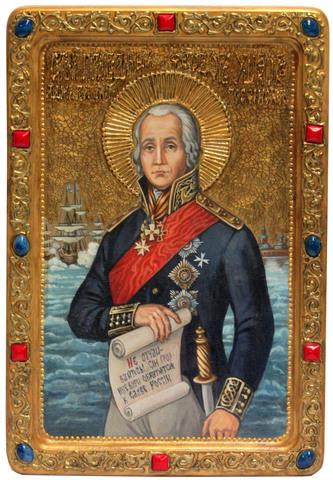 Живописная инкрустированная икона Святой праведный воин Феодор (Адмирал Ушаков) 29х21см на кипарисе в подарочной коробке