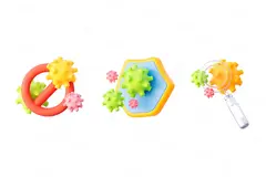 3D иконки вирусов: защита, запрет, увеличительное стекло — набор PNG