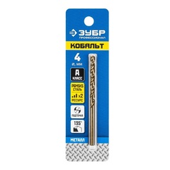 ЗУБР Кобальт, 4.0 х 75 мм, сталь Р6М5К5, класс А, сверло по металлу, Профессионал (29626-4)