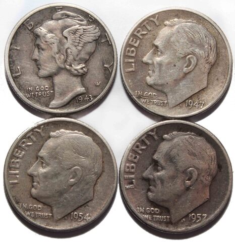 Набор из 4 монет 10 центов (дайм) 1943, 1947, 1954, 1957 гг. США. VF-XF