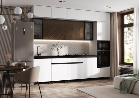 Кухня Техно-6 3,0/1080м (Белый снег Софт/Прайм орех, Белый (Кастилло темный))