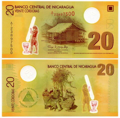 Банкнота Никарагуа 20 кордоба 2007 год. UNC (пластик)