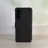 Чехол книжка для Samsung Galaxy A14 кожаный черный с магнитной застежкой, flip чехол с функцией подставки, отделением для пластиковых карт и денег