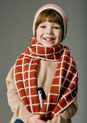 Шарф вязаный "Клетка" (экрю+терракот)