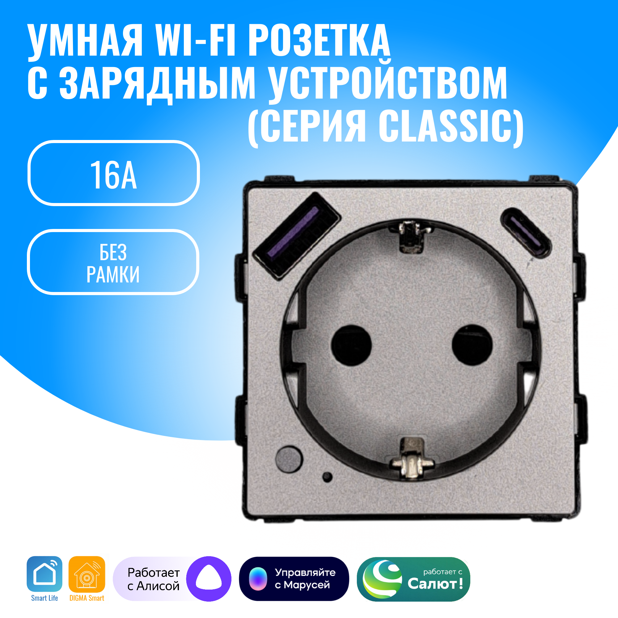 Умная WiFi розетка встраиваемая с USB и Type-C Smart Aura модуль без рамки (серебристый)