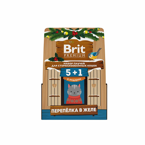 Набор паучей Brit Premium с препелкой, кусочки в желе, для взр. стерил. кошек, 5+1, кормушка, 510 г.