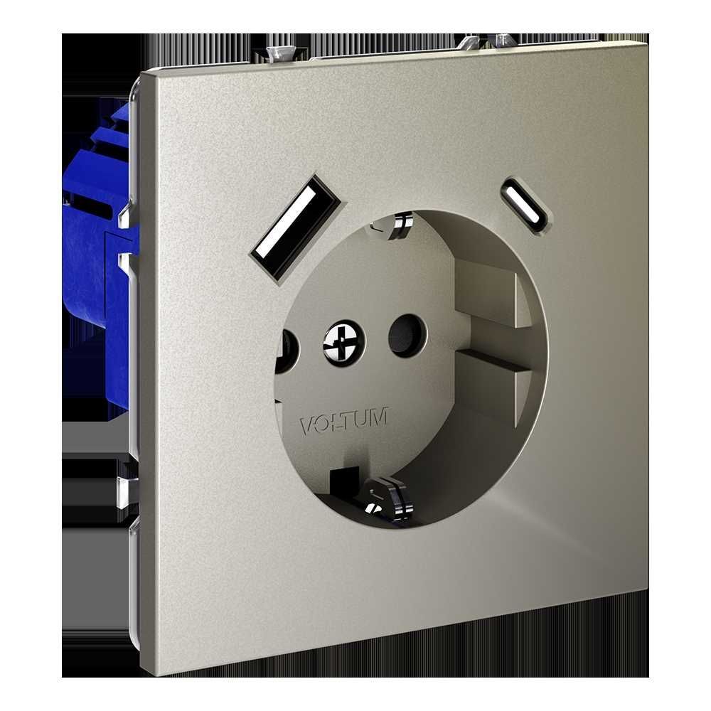 Розетка встраиваемая Voltum S70 с заземлением и защитными шторками, 16А, с USB, A+С, (шелк) VLS040504