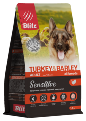 Сухой корм для собак BLITZ Sensitive ADULT TURKEY & BARLEY, индейка и ячмень, 1,8 кг