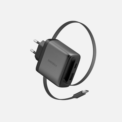 Сетевое зарядное устройство, шнур-рулетка 70cm. Energea AmpCharge ARC 65W, Темно-серый | Gunmetal