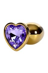 Золотистая анальная втулка с фиолетовым кристаллом-сердечком - 7 см. - 