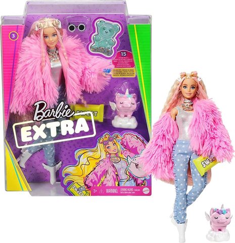 Kukla \ Кукла 2020 Barbie Extra #3 Doll in Pink Coat with Pet Unicorn-Pig-N