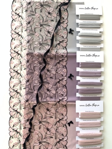 Вышивка на сетке розовая/черная 23 см