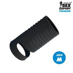 Черная открытая насадка на пенис с кольцом для мошонки size M - 7,9 см. - 