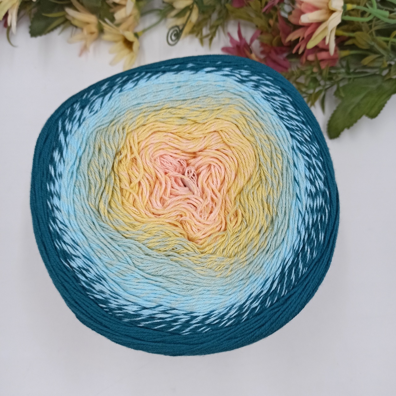 Хлопок секционного окрашивания  Flowers Yarn art 270, Турция Морской-Голубой-Светло желтый-Персик