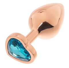 Золотистая анальная пробка OYO с голубым кристаллом-сердцем - 7,3 см. - 