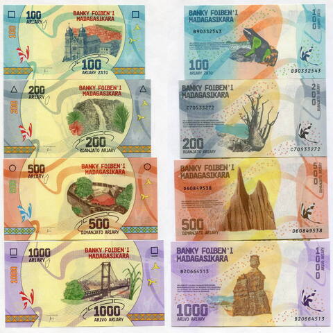 Банкноты Мадагаскара 4 шт (100, 200, 500, 1000 ариари) 2017 год. UNC